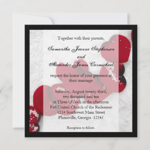 Red Rose Petals in Snow, Winter Wedding Invitation