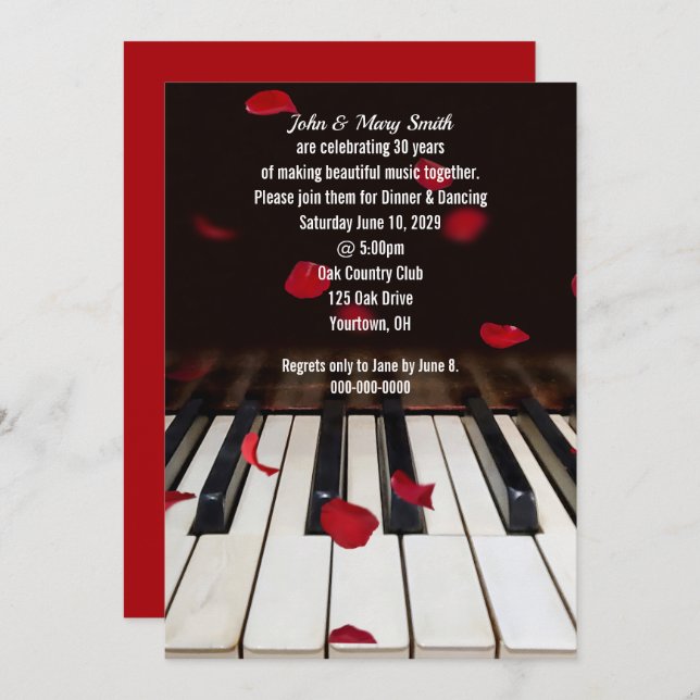 Red Rose Petals on Piano 30th Anniversary Invitation (Front/Back)
