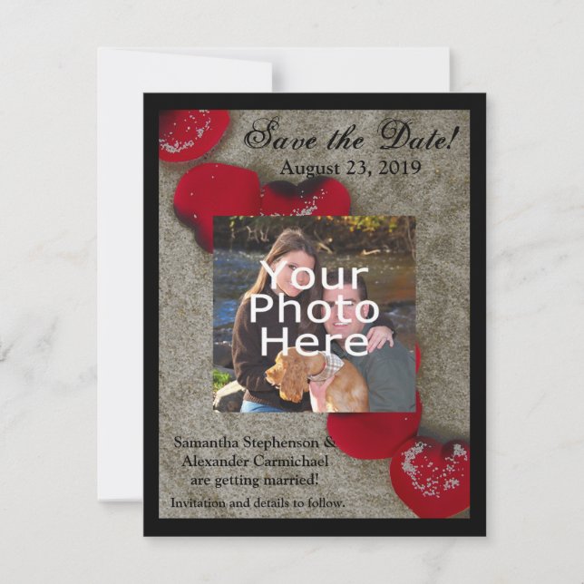 Red Rose Petals on Sand Beach Wedding Save The Date (Front)