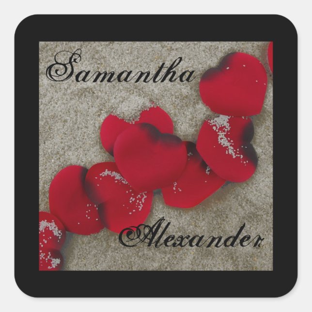 Red Rose Petals on Sand Beach Wedding Square Sticker (Front)
