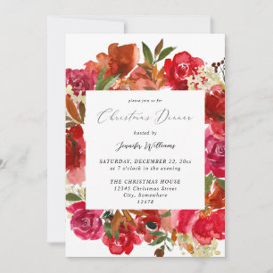 Red Rose & Pink Floral 1 Christmas Dinner Invitation