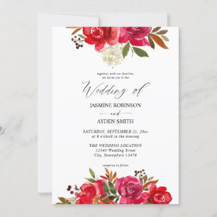 Red Rose & Pink Floral 3 Wedding Invitation