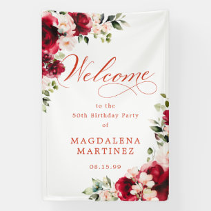 Red Rose Pink Peony 50th Birthday Welcome Banner