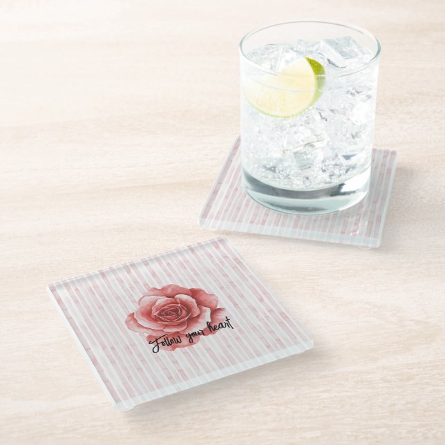 Red Rose Pink Stripes Glass Coaster (Angled)