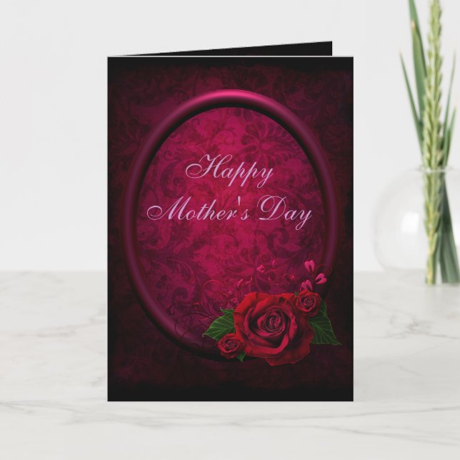 Red Rose & Purple Frame Damask Mother's Day Card (Front)