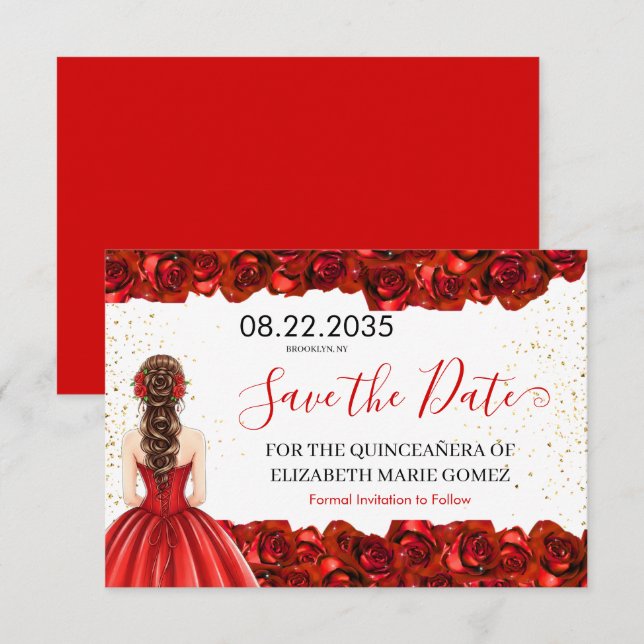 Red Rose Quinceañera Save the Date Card (Front/Back)
