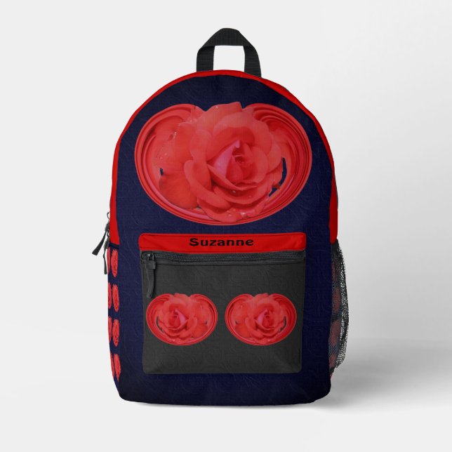 Red Rose Raindrops Floral Abstract Personalised  Printed Backpack (Front)