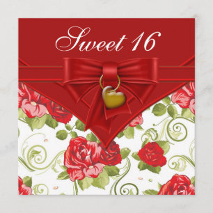 Red Rose Red Gold Sweet Sixteen Birthday Party Invitation