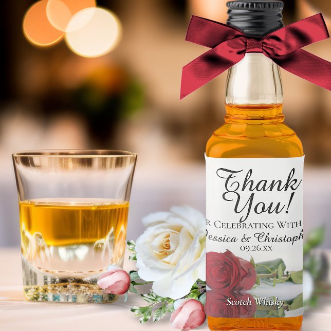 Red Rose Reflections Wedding Thank You Mini Liquor Bottle Label (In Situ with Flowers & Glass)