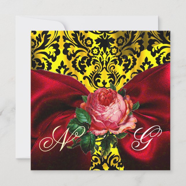 RED ROSE RIBBON GOLD YELLOW BLACK DAMASK MONOGRAM INVITATION (Front)