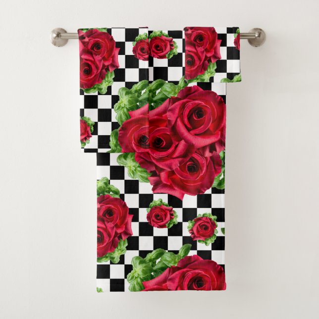 Red Rose Rockabilly Check Bath Towel Set (Insitu)