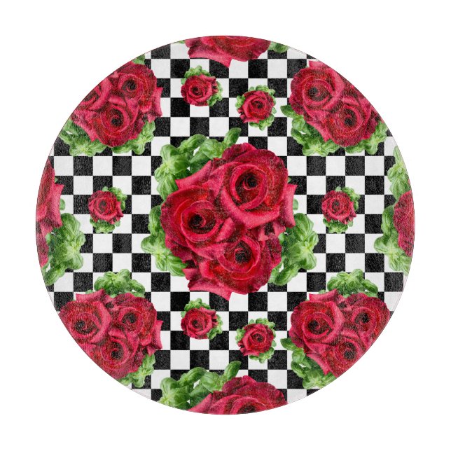 Red Rose Rockabilly Check Cutting Board (Front)