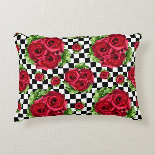 Red Rose Rockabilly Check Decorative Cushion (Front)