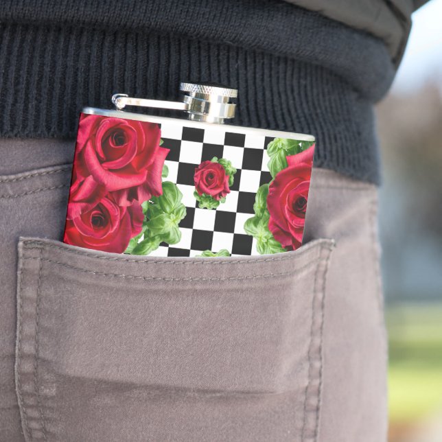 Red Rose Rockabilly Check Hip Flask (In Situ)