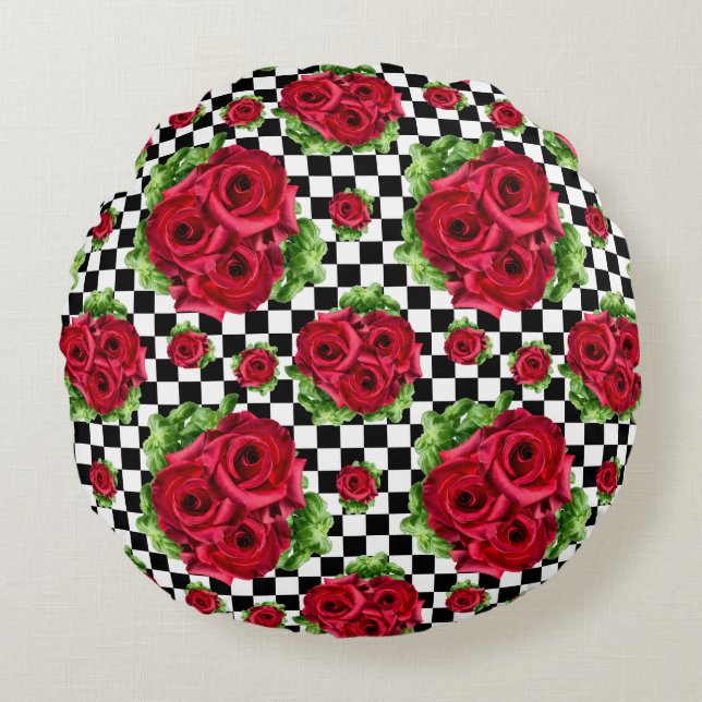 Red Rose Rockabilly Check Round Cushion (Front)