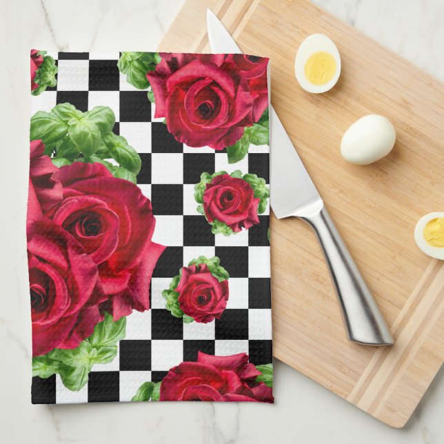 Red Rose Rockabilly Check Tea Towel (Quarter Fold)