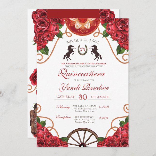 Red Rose Rodeo Western Charro Quinceanera Invitation (Front/Back)