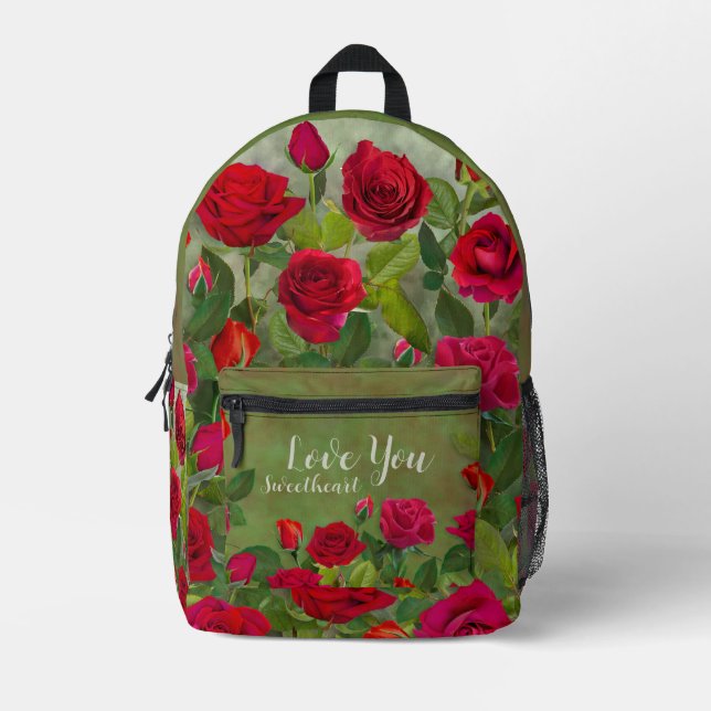 Red Rose Romantic Design With Full Customizable Printed Backpack (Front)