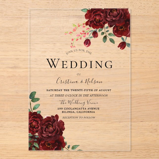 Red Rose Romantic Floral Wedding Acrylic Invitations (Front)