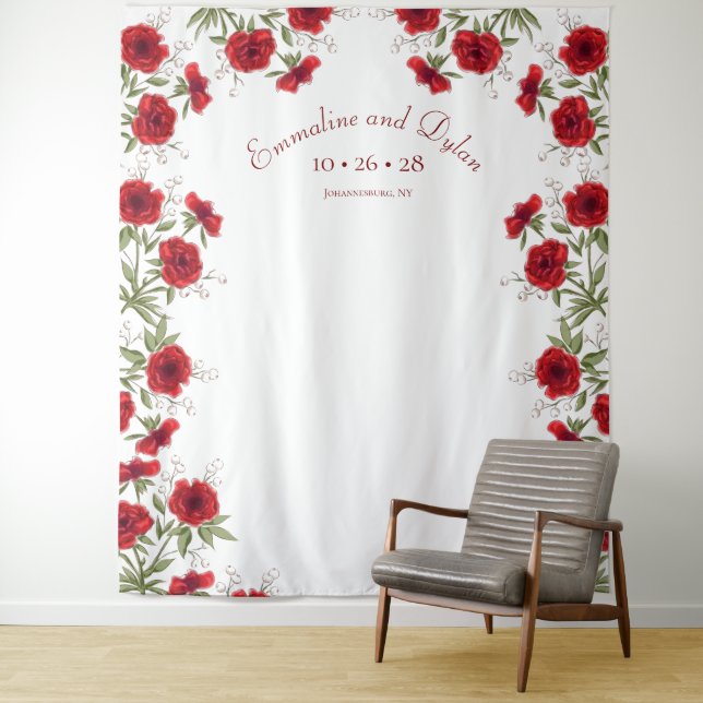 Red Rose Romantic Wedding Photo Backdrop Tapestry (In Situ)