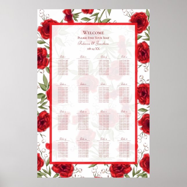 Red Rose Romantic Wedding Seating Chart (Front)