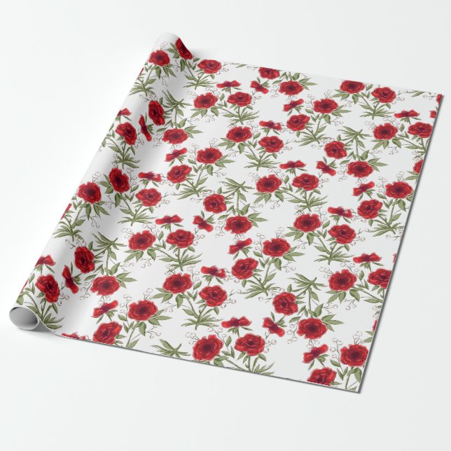 Red Rose Romantic Wedding Wrapping Paper (Unrolled)