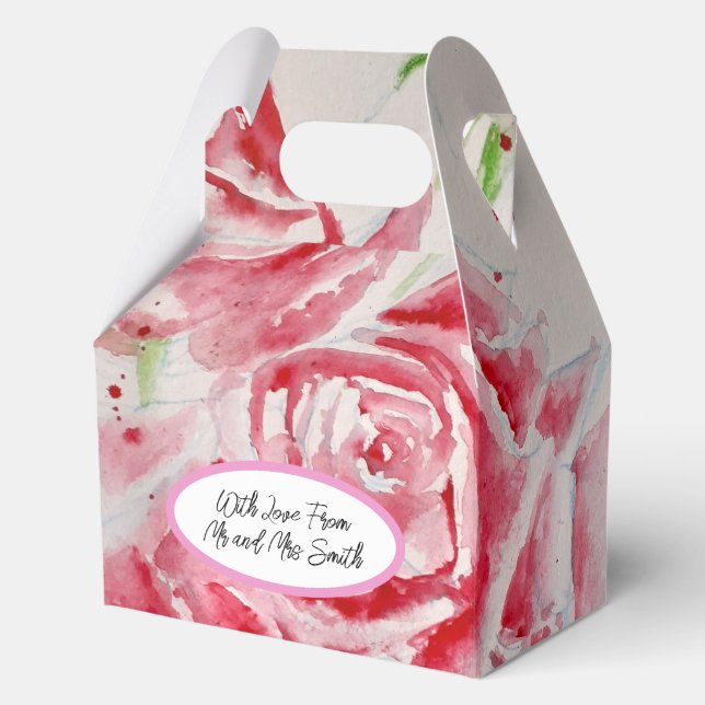 Red Rose Roses Flower Pattern Watercolor Wedding Favour Box (Front)