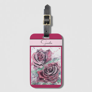 Red Rose Roses Flower Watercolor Floral Purple Art Luggage Tag