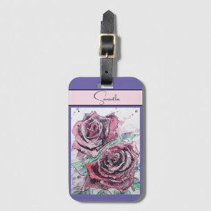 Red Rose Roses Flower Watercolor Floral Purple Art Luggage Tag