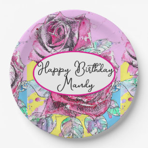Red Rose Roses Pink flower Birthday Womens Paper Plate