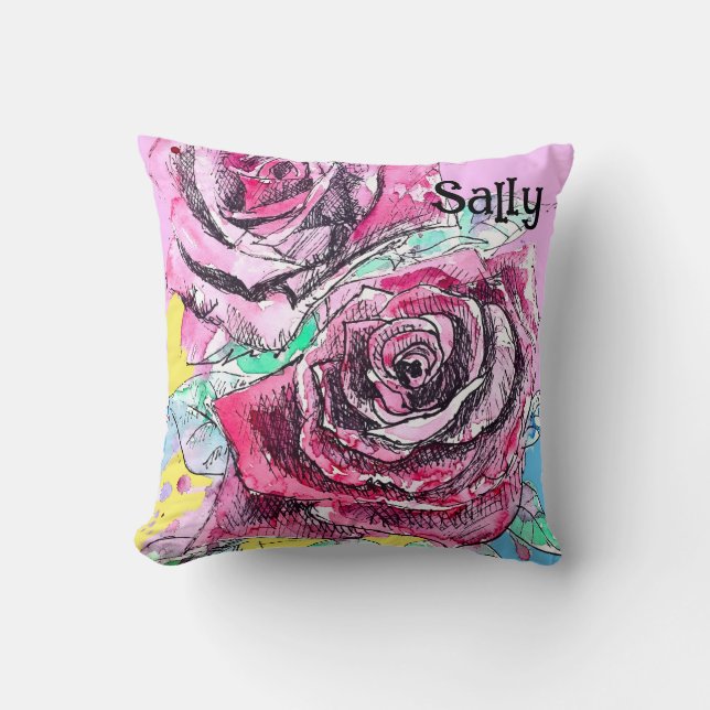 Red Rose Roses Watercolour Floral Flowers Flower Cushion (Front)