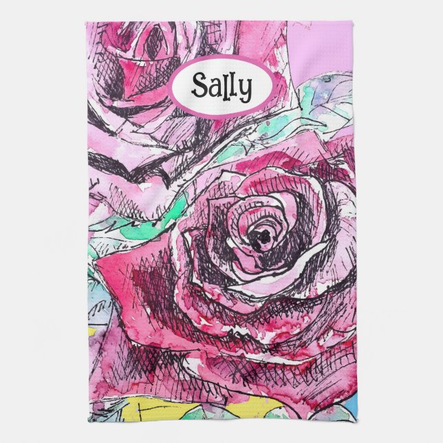Red Rose Roses Watercolour Floral Flowers Flower Tea Towel (Vertical)