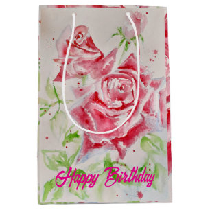 Red Rose Roses Watercolour Flower Floral Pink Medium Gift Bag