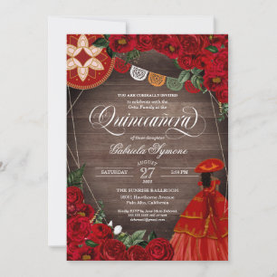 Red Rose Rustic Charra/Mariachi Dress Quinceañera Invitation