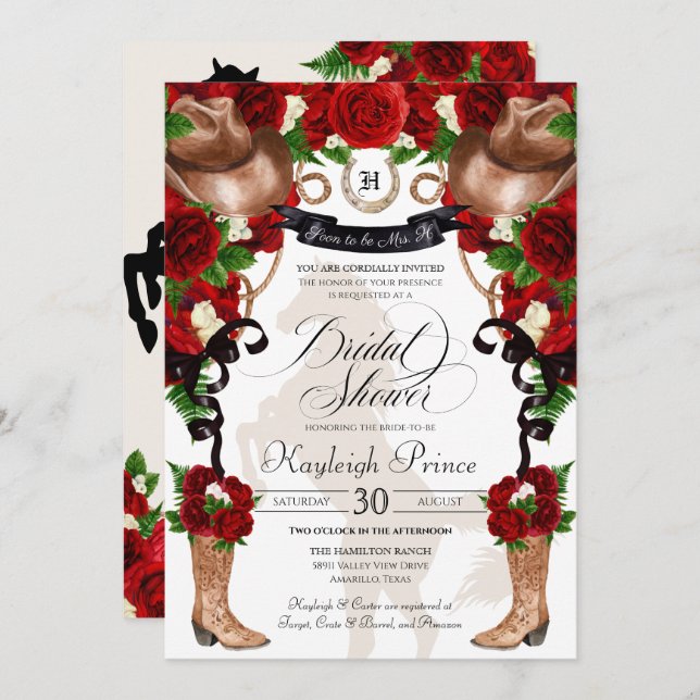 Red Rose Rustic Western Floral Boots Bridal Shower Invitation (Front/Back)