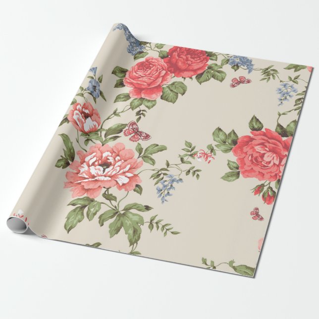 RED ROSE SEAMLESS PATTERN WITH BLUE BELLSpattern,f Wrapping Paper (Unrolled)