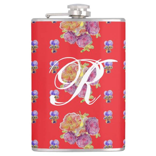 Red Rose Shabby Chic Rose Pattern Floral Initial  Hip Flask (Front)