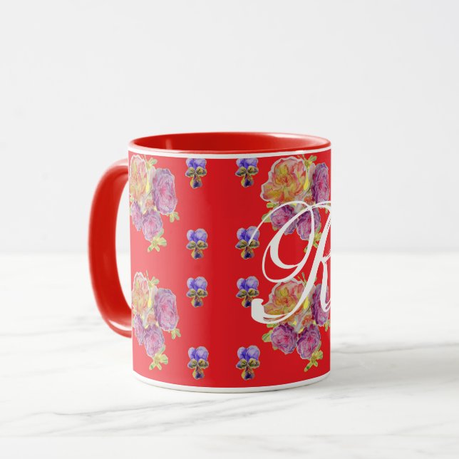 Red Rose Shabby Chic Rose Pattern Floral Initial  Mug (Front Left)