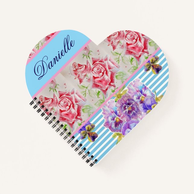 Red Rose Shabby Chic Watercolor Roses Pink Blue Notebook (Front)