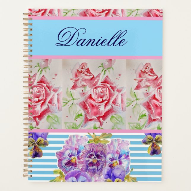 Red Rose Shabby Chic Watercolor Roses Pink Blue Planner (Front)