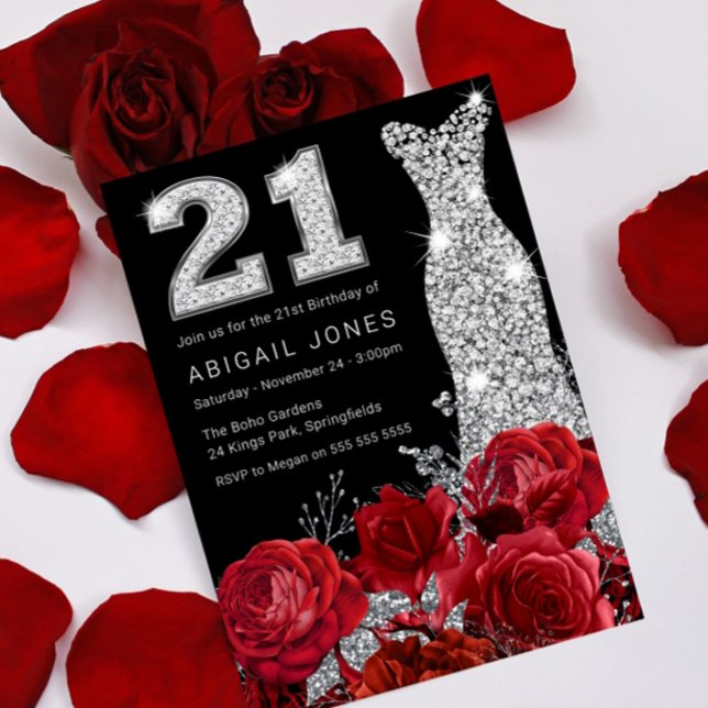 Red Rose Silver Diamond Dress 21st Birthday Party Invitation (Creator Uploaded)