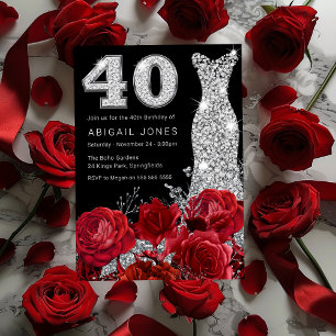 Red Rose Silver Diamond Dress Black 40th Birthday Invitation