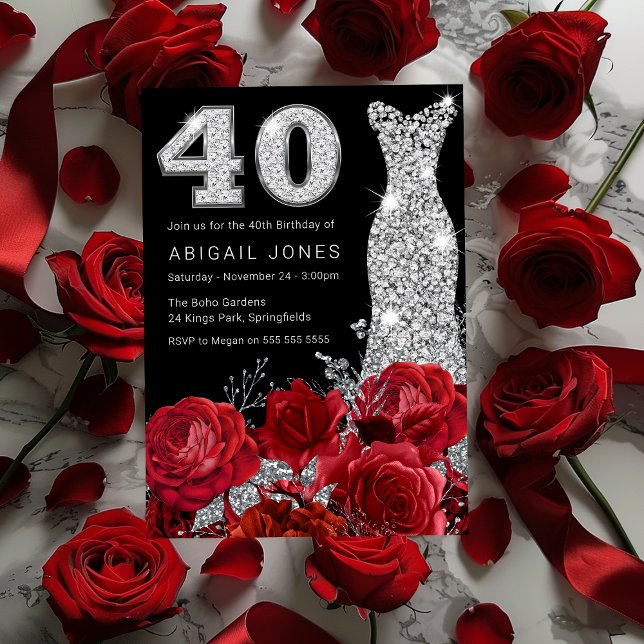 Red Rose Silver Diamond Dress Black 40th Birthday Invitation (Creator Uploaded)