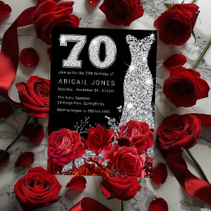 Red Rose Silver Diamond Dress Black 70th Birthday Invitation