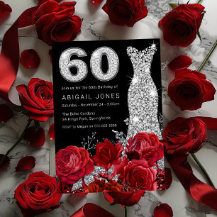 Red Rose Silver Diamonte Dress 60th Birthday Invitation