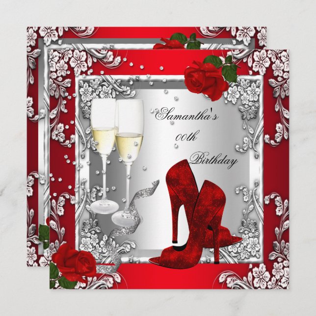 Red Rose Silver High Heel Shoes Any Age Party Invitation (Front/Back)