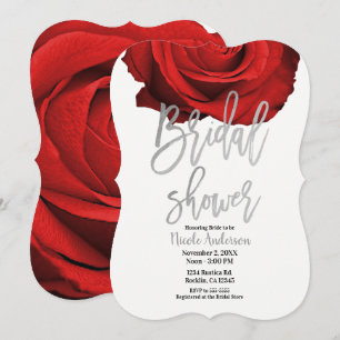 Red Rose Silver Script Modern Trendy Bridal Shower Invitation