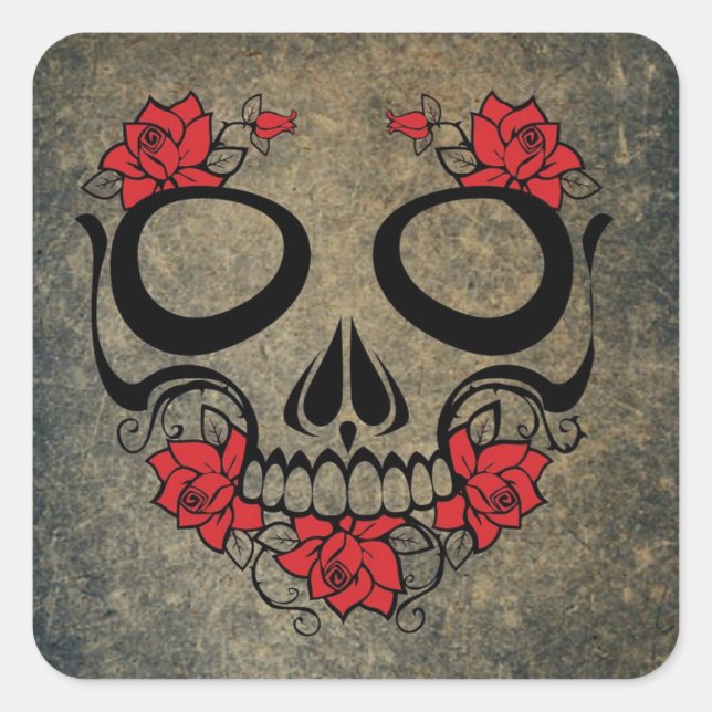 Red Rose Skull Square Sticker (Front)