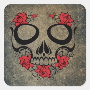 Red Rose Skull Square Sticker