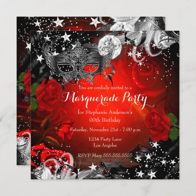 Red Rose Sparkle Magical Night Masquerade Party Invitation (Front/Back)